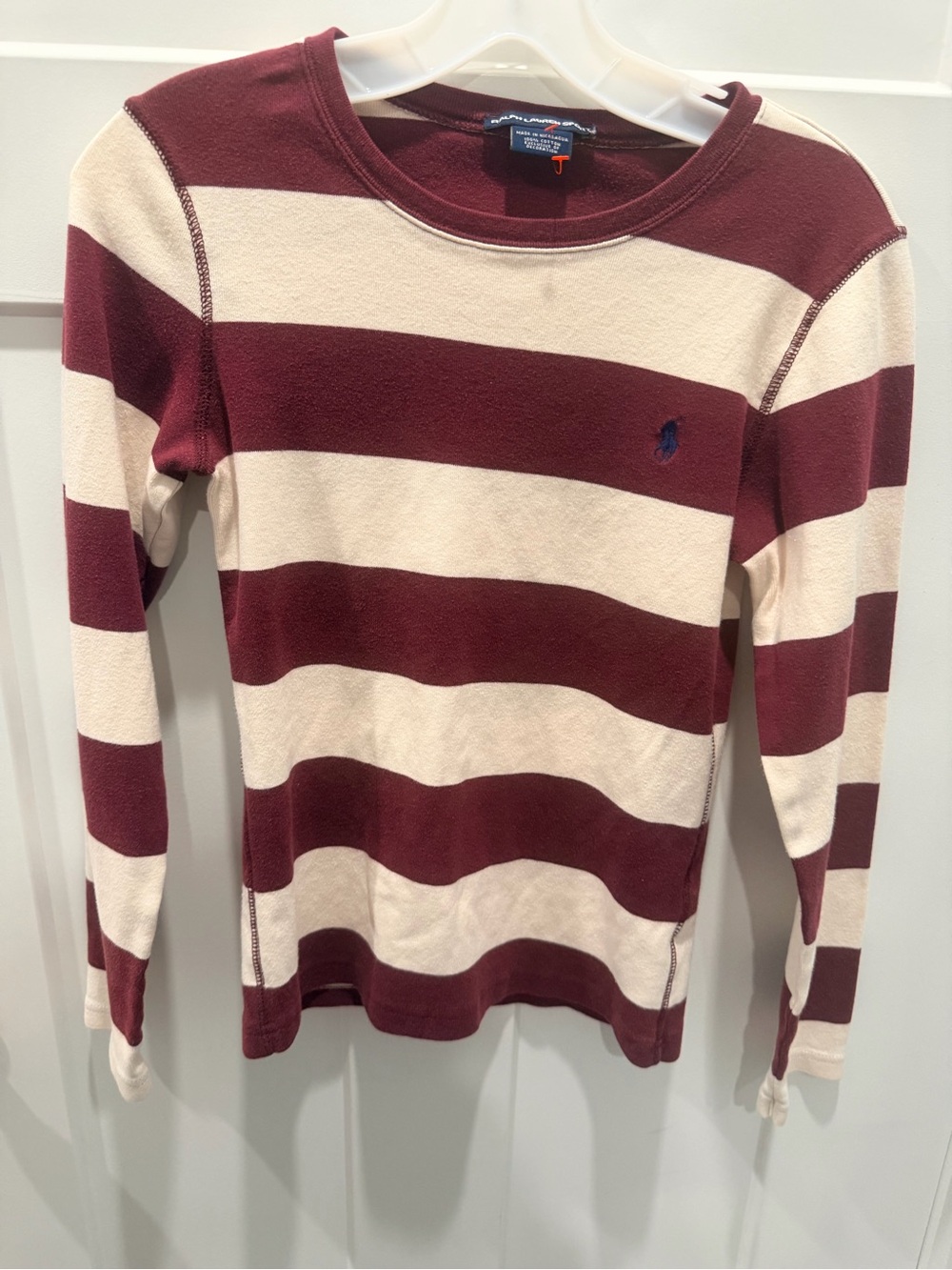 Ralph Lauren Sport Small Burgundy Cream Striped Long Sleeve Pony Top